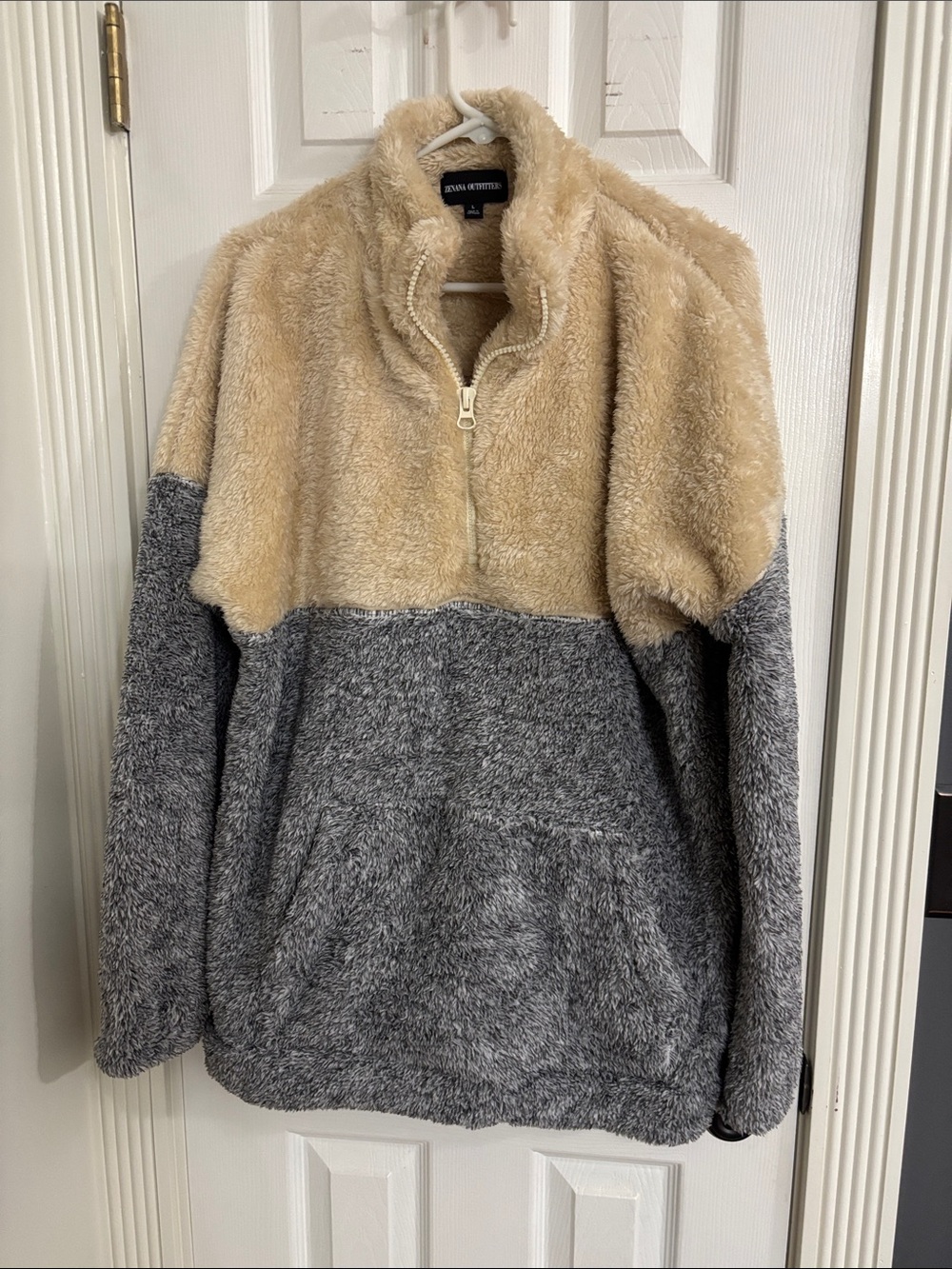 Zenana Outfitters Two-Tone Sherpa Half-Zip Pullover - Beige & Gray